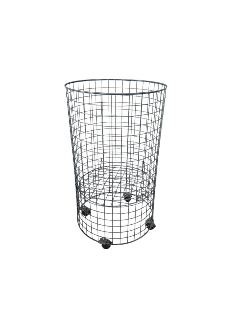 Round wire dump bin with castor wheels for flexible retail merchandising.