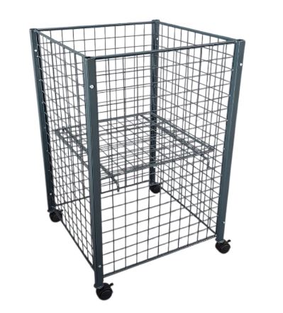 Medium square wire dump bin on wheels for mobile retail display.