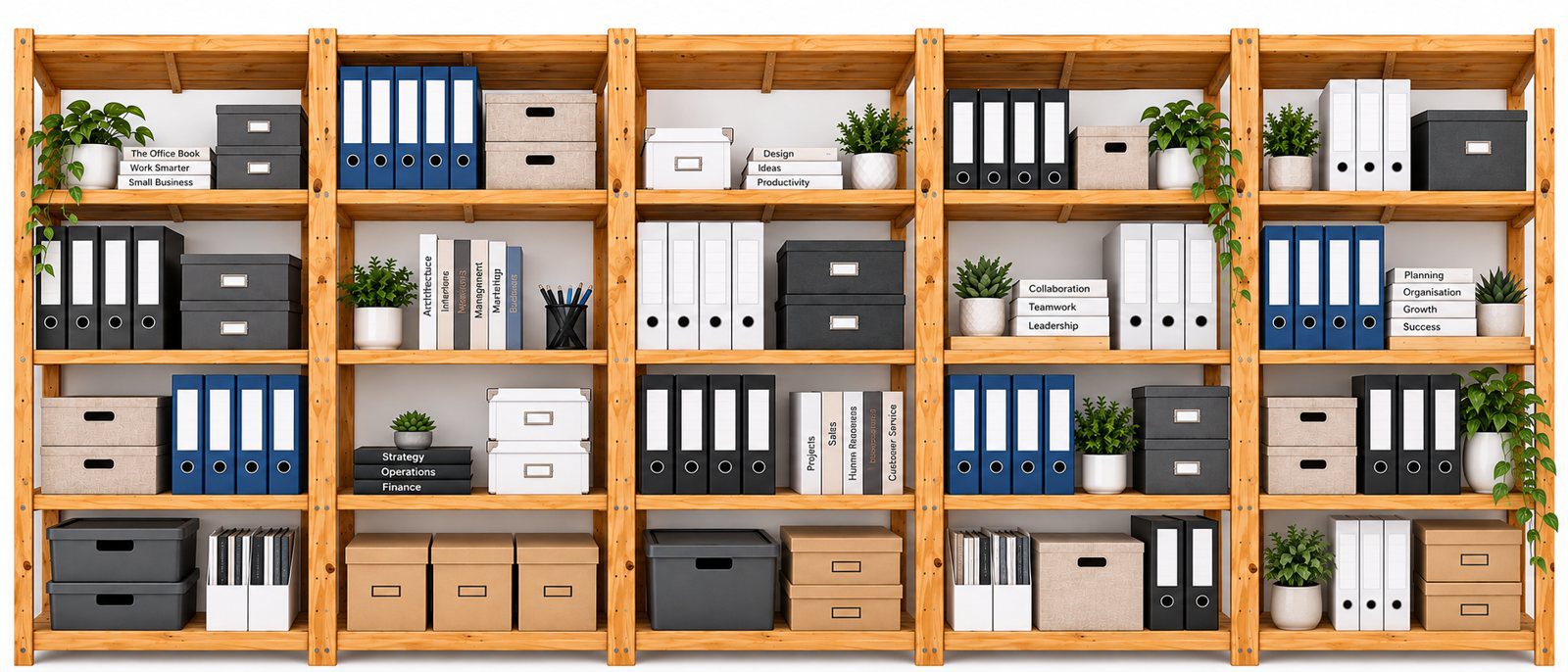 Econo Timber Shelving units in an organised office storage area
